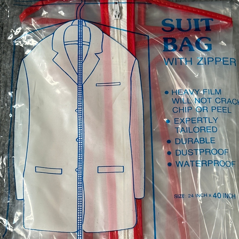 Vintage Mens Suit Bag Clear Garment Red Taping With Zipper Travel Storage Bag - Picture 3 of 4